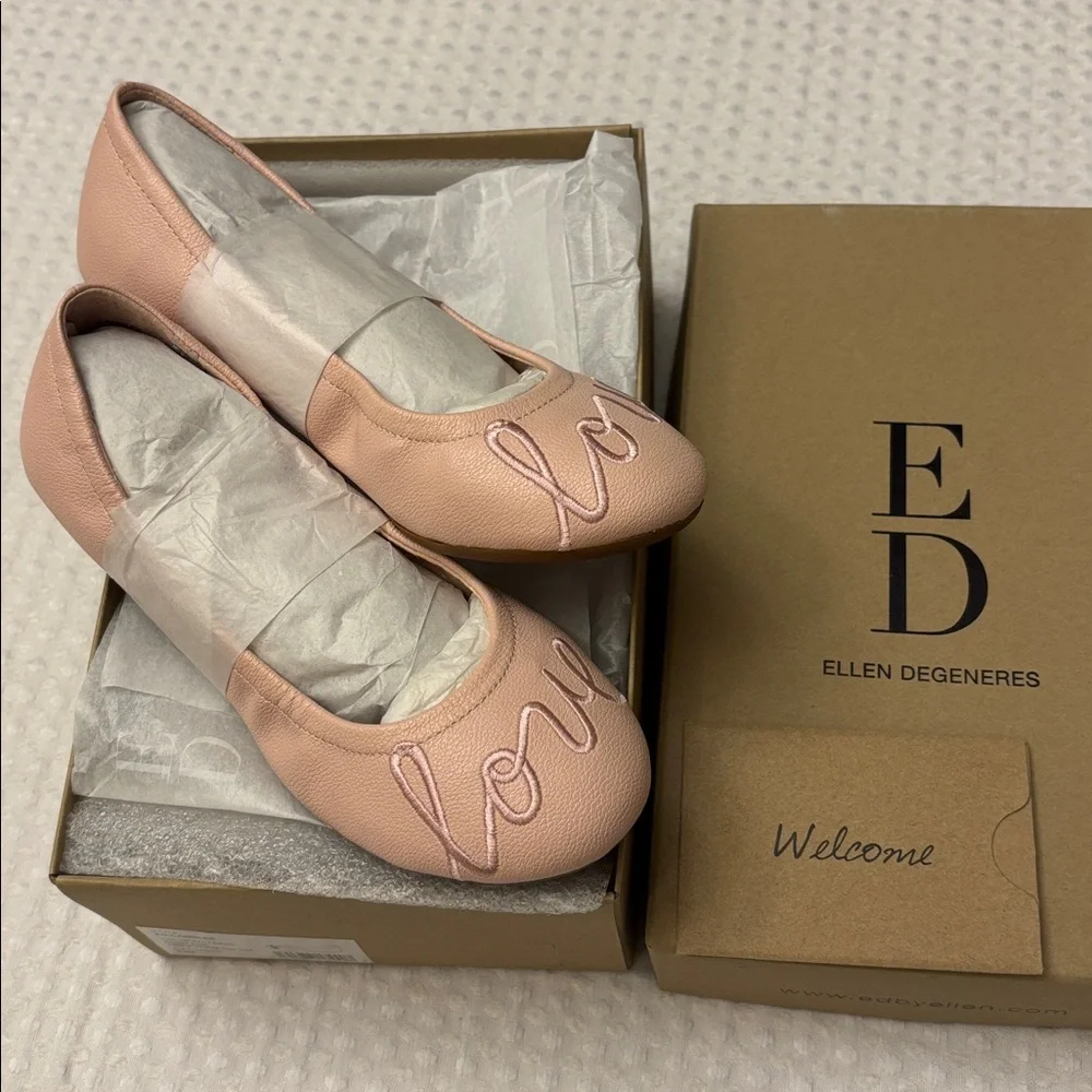NEW! ED Ellen DeGeneres Langlee Size 11.5M 13M 1M PEONY PINK 'Love' Ballet Flats